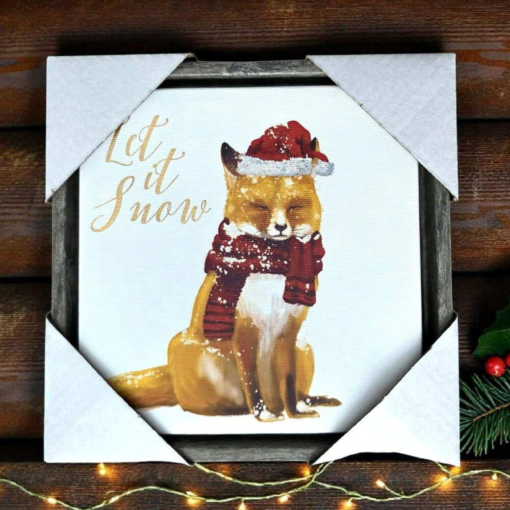 Holiday Fox Canvas Wall Art Let It Snow Christmas Picture Santa Hat Rustic Gift